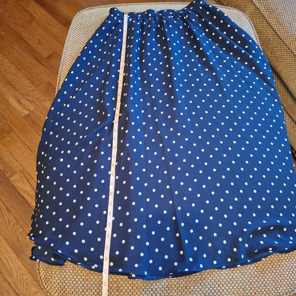 Chaus Vintage Sheer Navy and White Polka Dot Blouse And Adjustable Waist Skirt